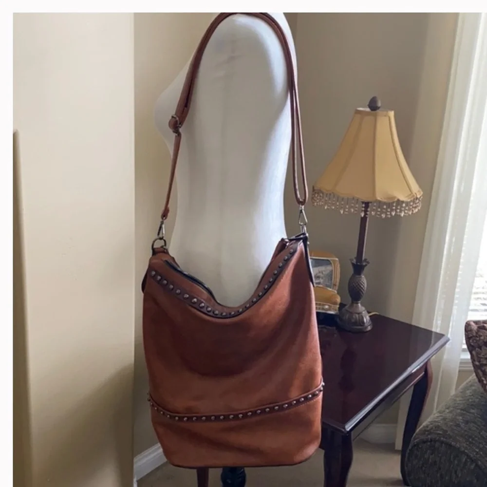 Sam and Hadley Large Faux Leather Barrel Bucket Bag Hobo Boho Rivets
